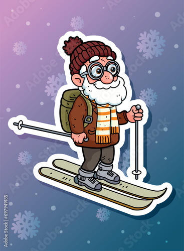 sticker of an elderly skier with glasses in a flat style