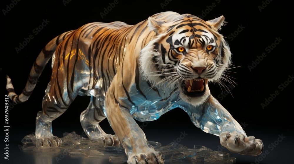 A majestic bengal tiger statue roars with fierce determination, its snarling snout a powerful symbol of the untamed spirit of these magnificent big cats