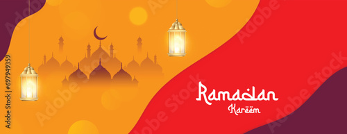 Ramadan Kareen wishes, or greeting, colorful background with bokeh effect banner design with mosque lamp, social media ramazan wishing or sale, advertisement, design vector illustration