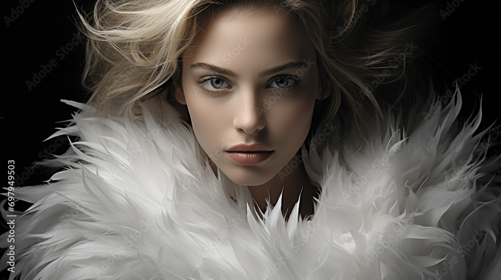 A stunning woman exudes elegance and grace as she poses for a portrait, her blonde locks cascading over a delicate scarf adorned with ethereal white feathers