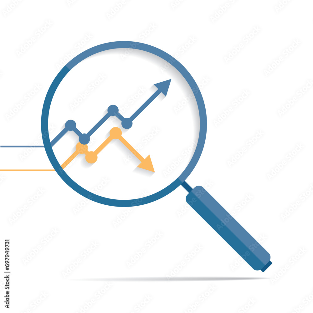 Magnifying glass icon in flat style. Search loupe and diagrams on color background. Zoom progress chart. Business analytic illustration. Vector design object for you project Magnifying glass icon in flat style. Search loupe and diagrams on color background. Zoom progress chart. Business analytic illustration. Vector design object for you project