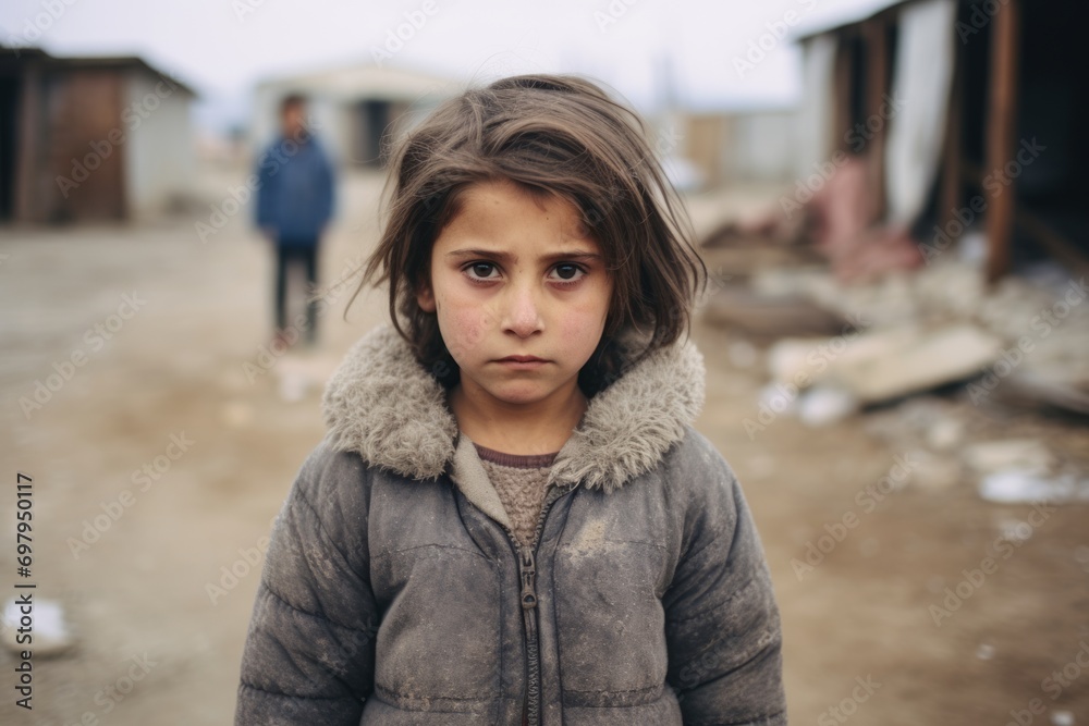 Portrait of a sad little girl in the village. Selective focus.