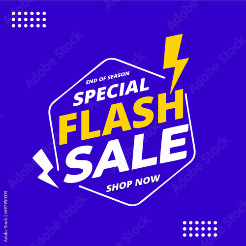 Flash Sale Shopping Poster or banner with Flash icon and 3D text on blue background. Flash Sales banner template design for social media and website. Special Offer Flash Sale campaign or promotion.