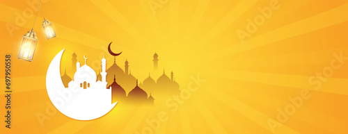 Ramadan Kareen wishing, or greeting, yellow waves background banner design moon with mosque lamp, ramazan sale, advertisement, vector illustration