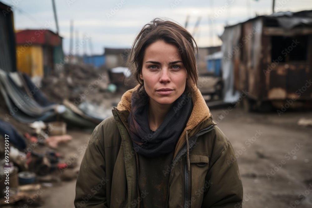 Portrait of a young woman standing in front of a junk yard Portrait of a young woman standing in front of a junk yard