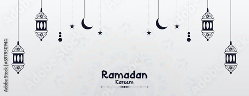 Ramadan Kareem wishing, or greeting banner Ramzan Islamic mandala background design with grey color social media ramazan sale, advertisement, banner, poster vector illustration