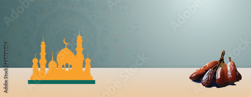 Ramadan Kareem wishes, wishing, or greeting banner Ramzan Islamic background design with mosque, and dates, social media ramazan sale, advertisement, banner, poster vector illustration