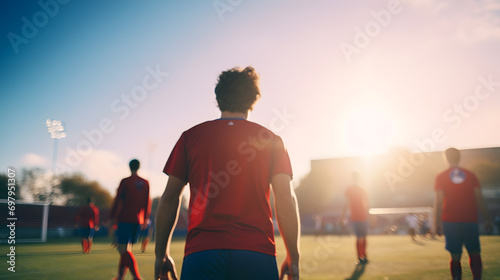 soccer player from behind standing at the field with others