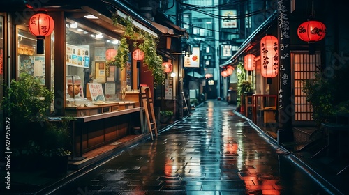 Japanese night street photography on the traditional market with ambient light by Lampion professional photography AI Image Generative photo