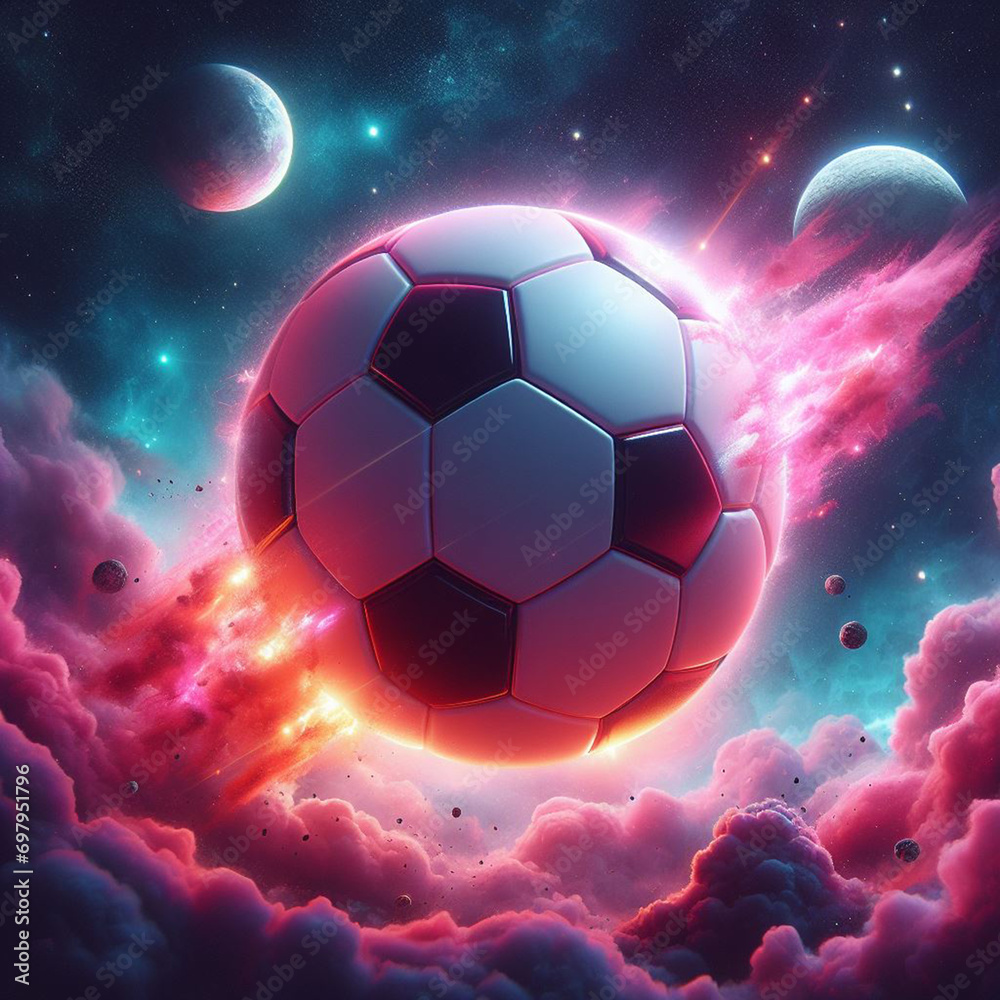 Fototapeta premium a photo realistic soccer ball as a planet in space with pink smoke and explosions generative ai