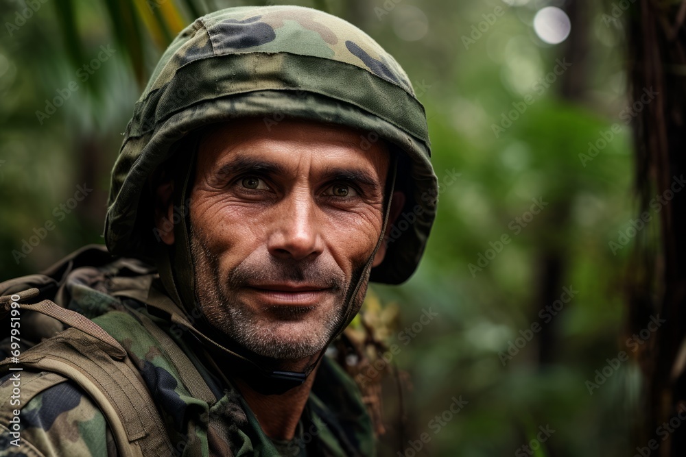Portrait of a serious soldier in the jungle. Selective focus.