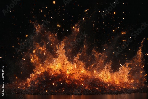 Fire embers particles over black background. Fire sparks background