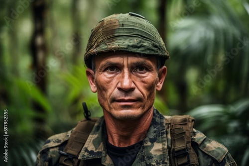Portrait of a mature soldier in the jungle, looking at camera.