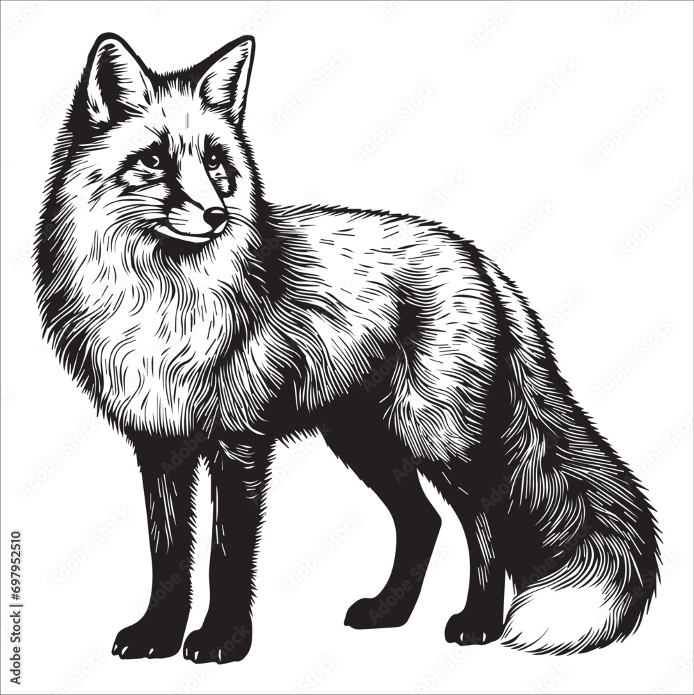 black and white fox , Black and white Illustration of a standing fox on a white background vector.