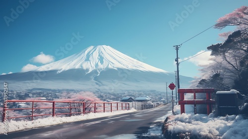 japanese end of winter season go to the spring season with cherry blossoms bloom and fuji mountain AI Image Generative photo