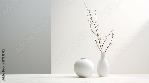 Minimalist white background with simple plant and chair use for product display and phot shot studio