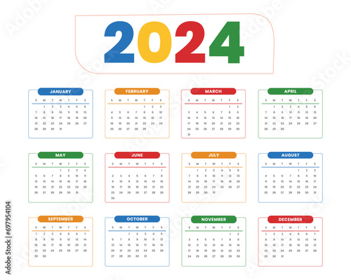 2024 Calender colorful one page calender Vector photo