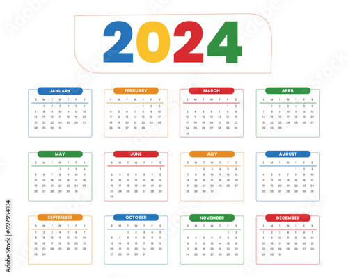 2024 Calender colorful one page calender Vector