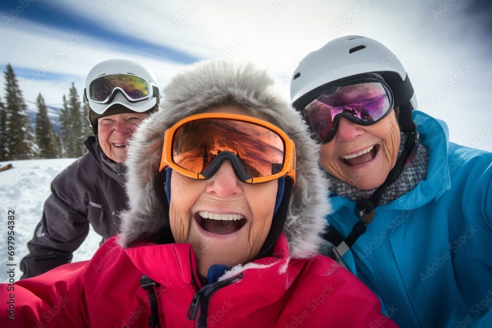 Happy retired women making selfie on mountain ski resort with picturesque view on the background.