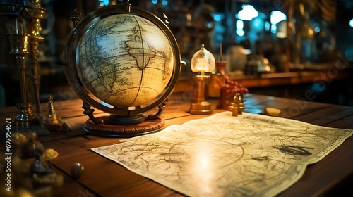 Map and globe open on the table with ornament navigation compas amd mini ship on the map classic vibes photo