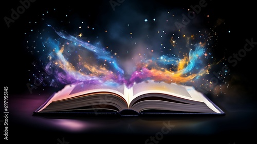 Opened magic book, with floating dust purple, blue, yellow, orange, white sparkle and effect from book isolated AI Image Gnerative