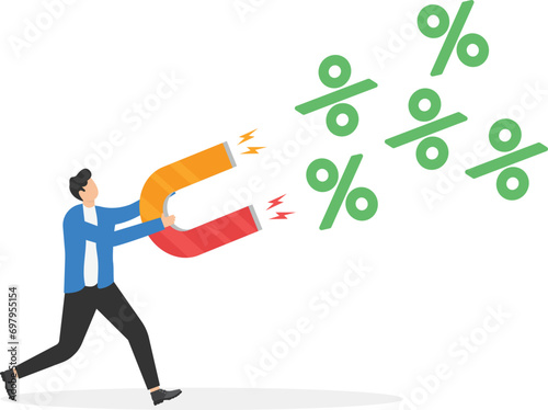 Business people using magnet to magnetize flying percentage. Interest, financial and mortgage rates. Vector illustration

