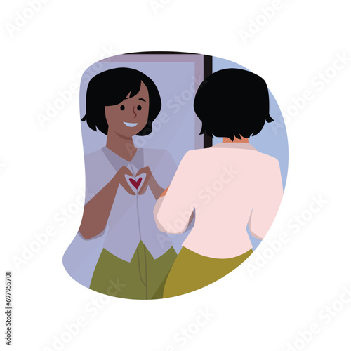 Pretty woman looking in the mirror and showing heart with hands, vector mirror with reflection love yourself