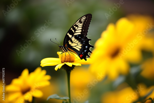 a yellow and black butterfly perch on a yellow flower