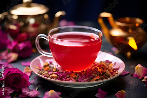 a cup of tea with oriental-looking decoration around it as well as a rose and leaves.