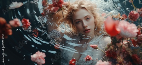 Woman floating peacefully among floral blooms in clear water. Serenity and nature connection. Banner.