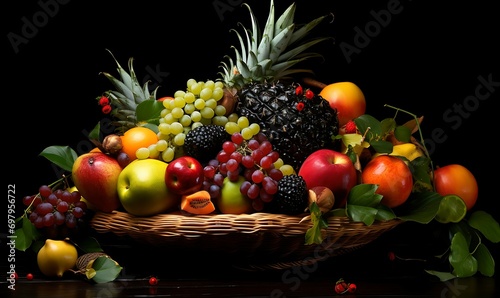 A Lot of fresh fruit in the basket  photography art high contrast professional studio isolated black background AI image generative