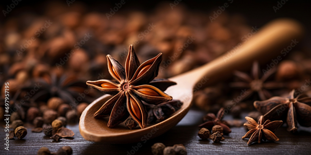 Organic Dry Star of Anise,,
shelves of cinnamon and anise stars in dark colors on a dark concrete stone background,,
Aromatic Spices Display on Dark Stone Background - obrazy, fototapety, plakaty 