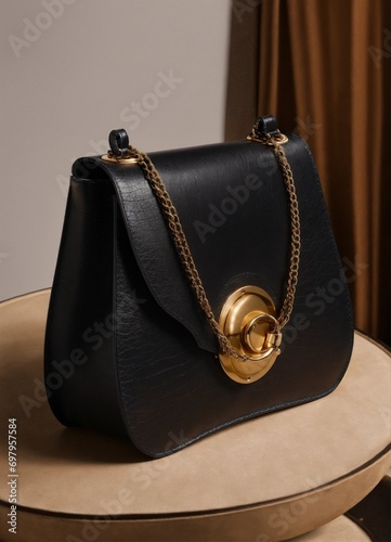 A small black grained leather bag in the shape of a well-designed crescent