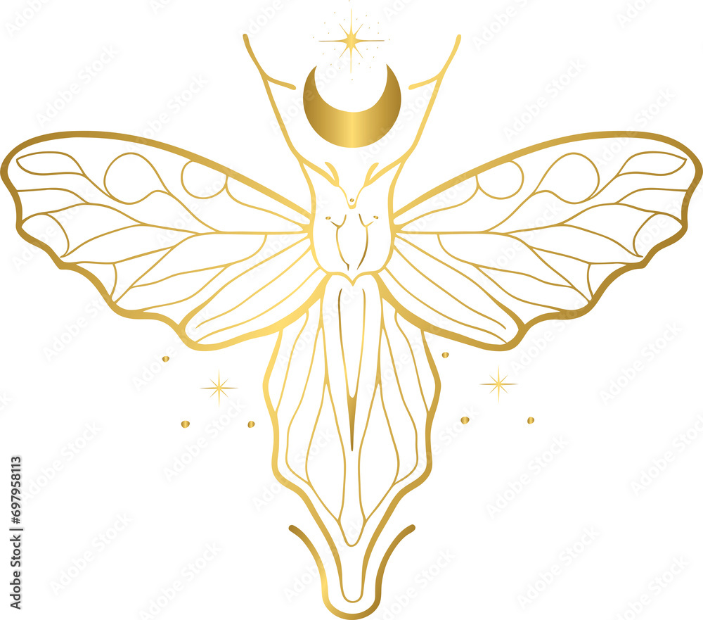 Fototapeta premium Golden celestial and mystic magical moth element in vintage boho style 