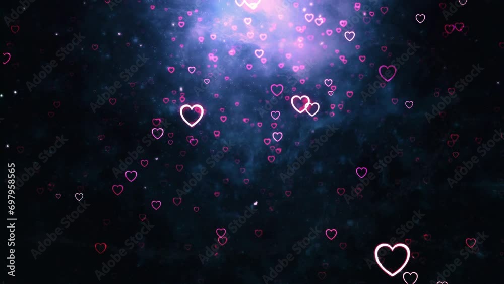 Particles draw a heart shape with falling neon hearts loop