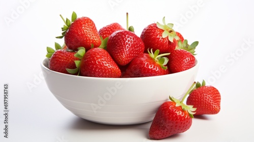 A bowl of ripe strawberries on a solid white background.