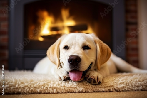 Labrador warms itself in winter near the fireplace.