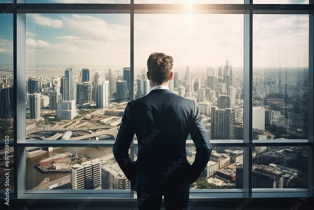 A successful businessman in a suit looks out the window at the cityscape from an office in a skyscraper, back view. AI generative