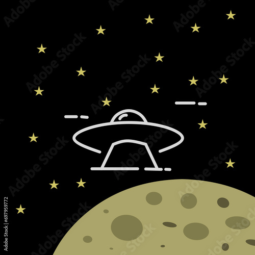 Vector illustration of a ufo plane on the moon in the night sky with stars