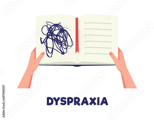 Dyspraxia, apraxia vector poster, ADHD, difficulty learning and writing, there are dizzy squiggles drawn in the notebook