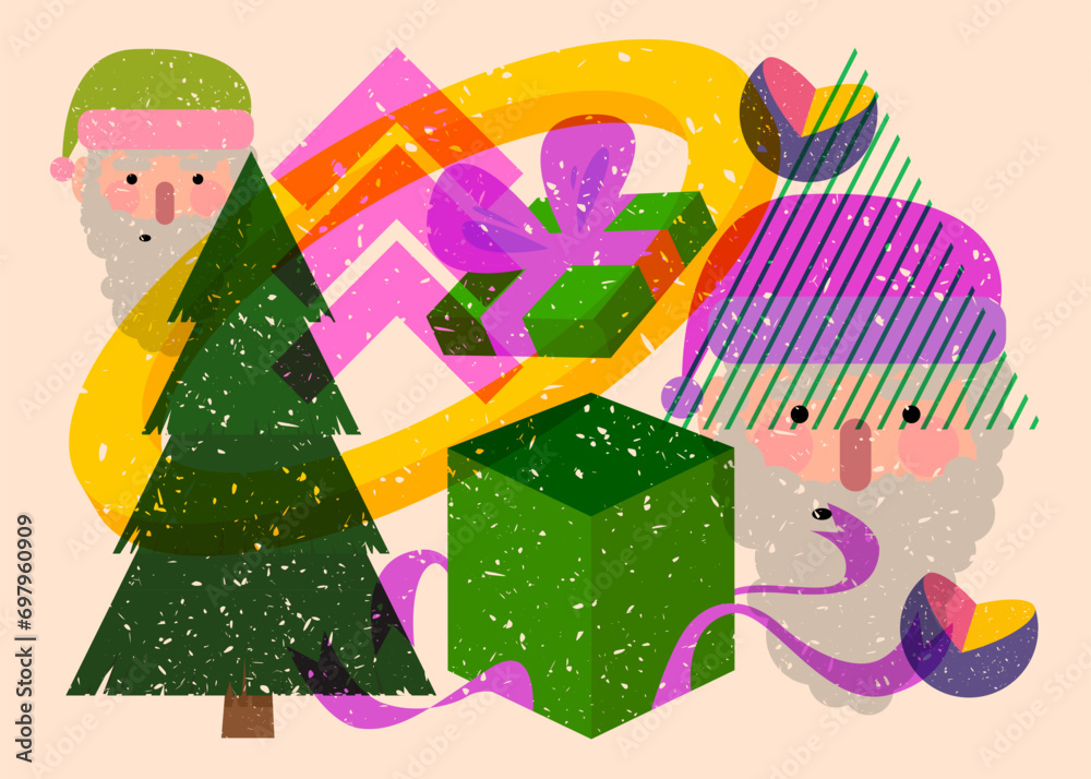 Fototapeta premium Risograph holiday, Christmas with geometric shapes. Pine Tree, Gift Box, Santa Claus Head with objects in trendy riso graph print texture style design with geometry elements.