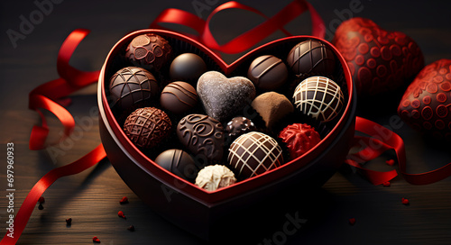 heart-shaped box filled with a variety of exquisite chocolates, each with unique designs, on a wooden surface with a red ribbon