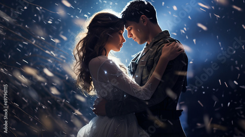 Soldier holds his beloved girl tightly, loving couple under blurry drops of rain and snow, romantic backlit, joy of soldier reuniting alive from war, loving family reunion after horrors of war photo