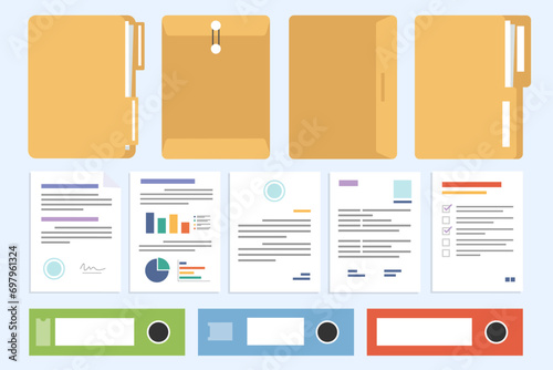 Set of office documents and folder, flat design icon vector illustration. photo