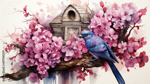 Illustration of a bird and birdhouse with cherry blossoms on a branch in spring nature. © senadesign