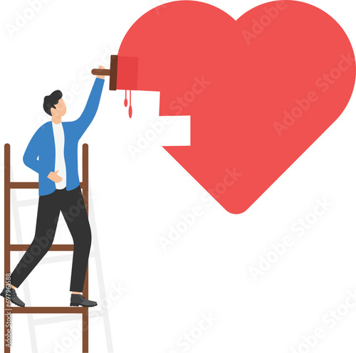 Boyfriend climb up stepladder and in love paint a love heart shape. Girlfriend rejoices. Valentines day concept. Vector illustration in flat style.

