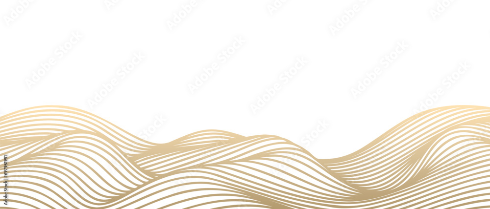 Vector abstract line art wavy flowing dynamic gold isolated on transparent background in concept luxury, wave, wind, ocean - obrazy, fototapety, plakaty 