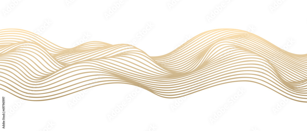 Vector abstract line art wavy flowing dynamic gold isolated on transparent background in concept luxury, wave, wind, ocean