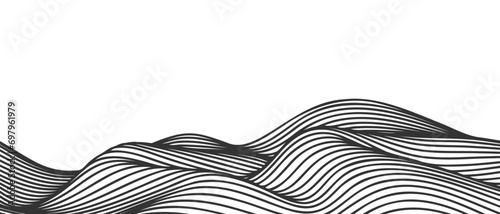 Vector abstract line art wavy flowing dynamic black isolated on transparent background in concept wave, wind, ocean