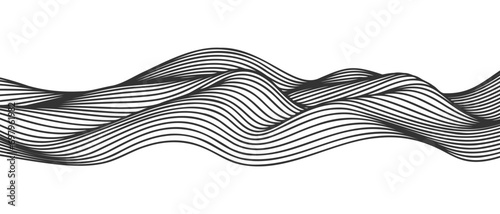 Vector abstract line art wavy flowing dynamic black isolated on transparent background in concept wave, wind, ocean